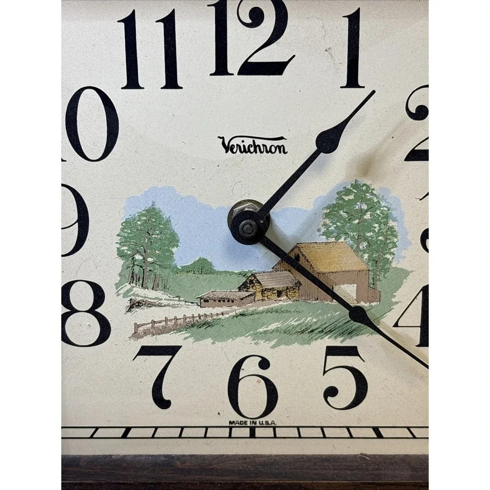 Vintage Verichron Wall Clock Faux Woodgrain Farmhouse Scene Battery Operated USA
